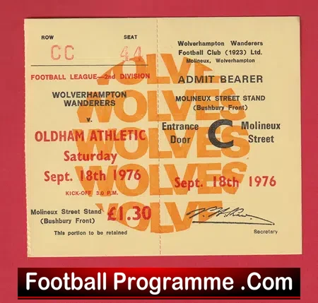 Wolverhampton Wanderers v Oldham Athletic 1976 – Unused Football Ticket