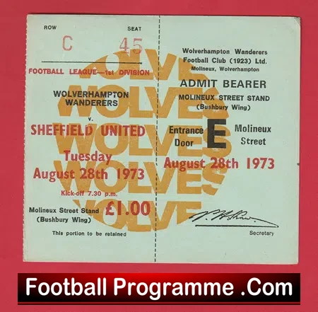 Wolverhampton Wanderers v Sheffield United 1973 – Unused Football Ticket