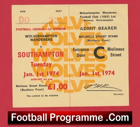 Wolverhampton Wanderers v Southampton 1974 – Unused Football Ticket