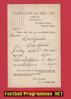 Ferryhill Football & Athletic Club Official Selection Card 1934 – 1930s