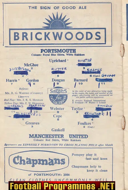 Portsmouth v Manchester United 1958 - Away Game Munich Season