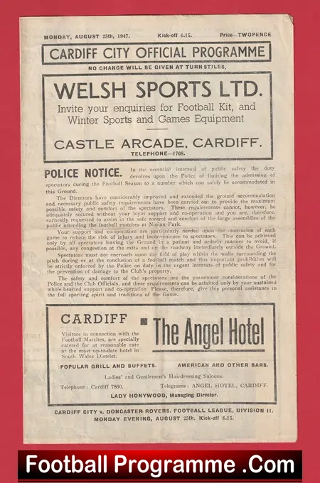 Cardiff City v Doncaster Rovers 1947 – 1940’s