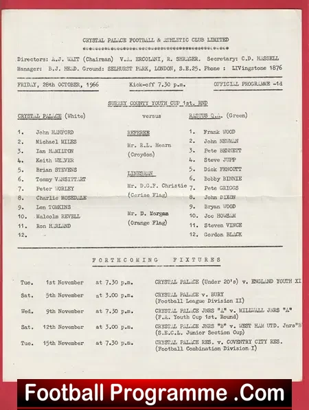 Crystal Palace v Rastus QA 1966 – Surrey Youth Cup