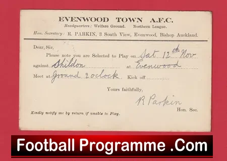 Evenwood Town AFC Official Football Selection Card 1932 - 1930s