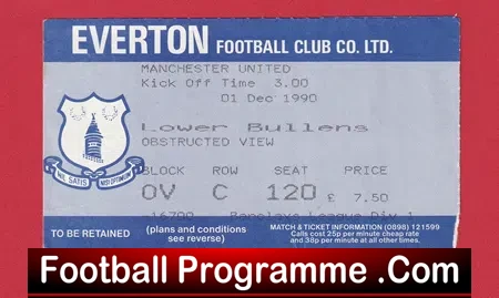 Everton v Manchester United 1990 - Match Ticket - football memorabilia