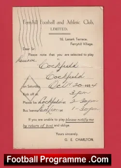 Ferryhill Football & Athletic Club Official Selection Card 1934 - 1930s - football programme