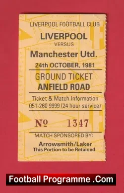 Liverpool v Manchester United 1981 - Football Ticket - football memorabilia