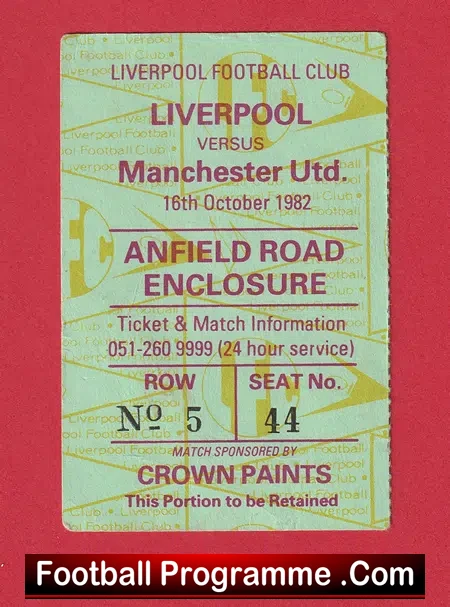 Liverpool v Manchester United 1982 - Football Ticket