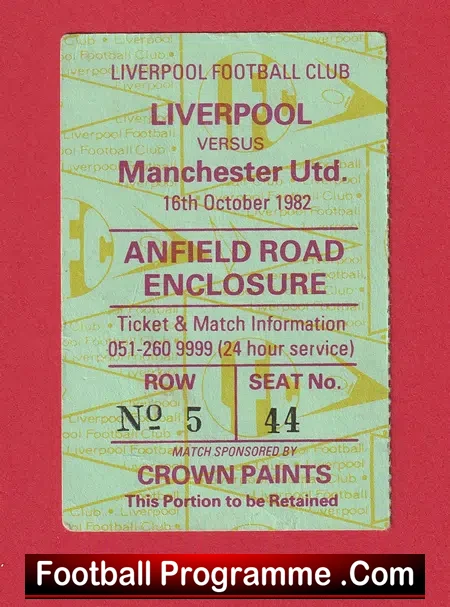 Liverpool v Manchester United 1982 - Football Ticket - football memorabilia