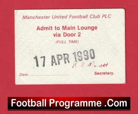 Manchester United v Aston Villa 1990 – Admit Main Lounge Ticket