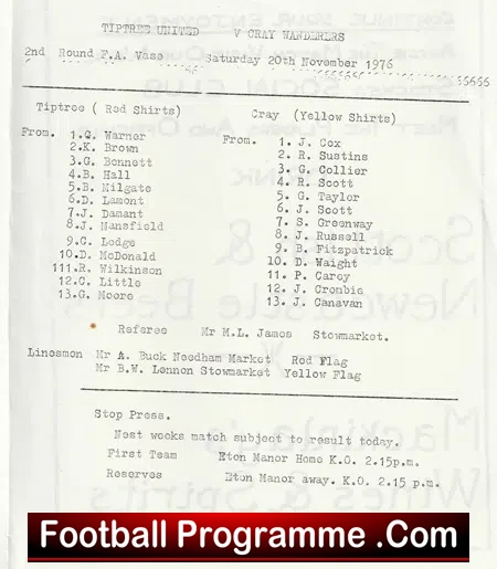Tiptree United v Cray 1976 - FA Vase