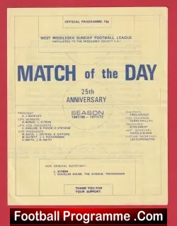 West Middlesex v Slough 1971 - Under 15's + U13's Sunday League - football programme