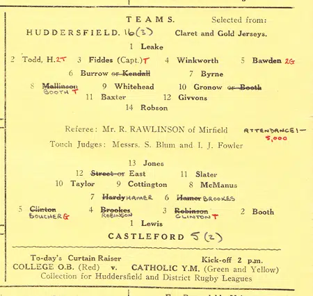 Huddersfield Rugby v Castleford 1945 - 1940s Programme