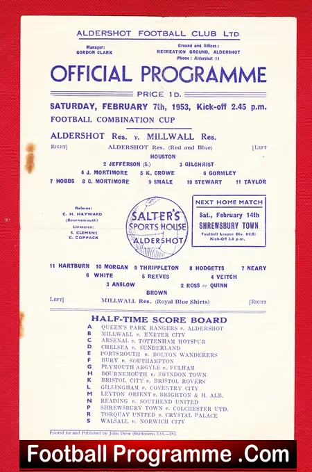 Aldershot v Millwall 1953 – Reserves Match