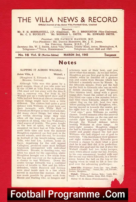 Aston Villa v Northampton Town 1945 – War Cup
