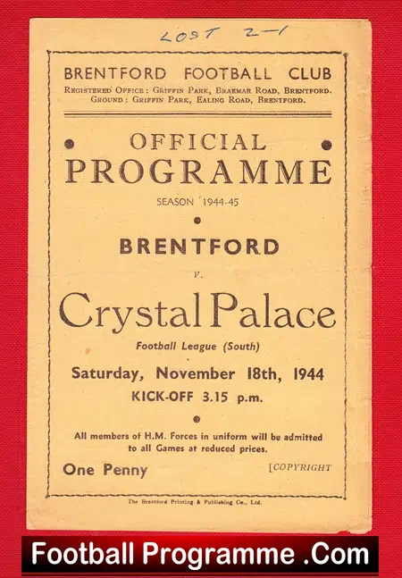 Brentford v Crystal Palace 1944 – 1940s Football Programmes