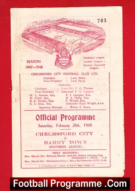 Chelmsford City v Barry Town 1948 – 1940s Football Programme
