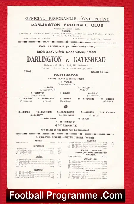 Darlington v Gateshead 1943 – 1944 – RARE