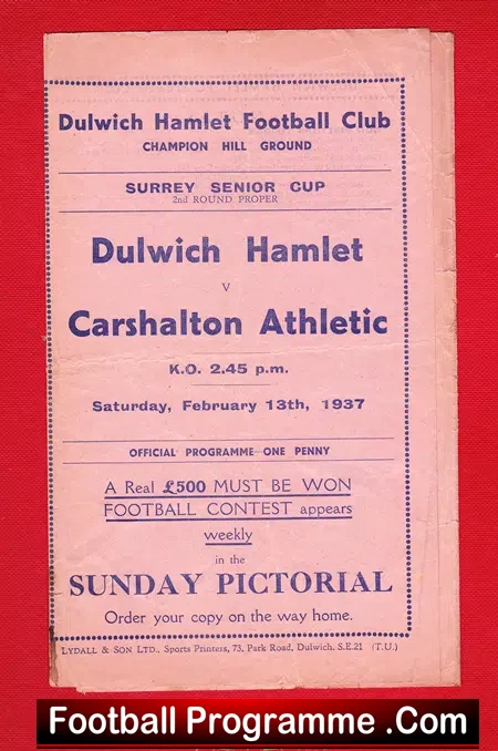 Dulwich Hamlet v Carshalton Athletic 1937 – 1930s Programme