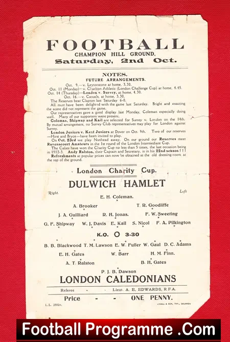 Dulwich Hamlet v London Caledonians 1926 – 1920’s Football Memorabilia