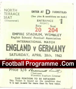 England v Germany 1962 – Schoolboys Ticket Stub