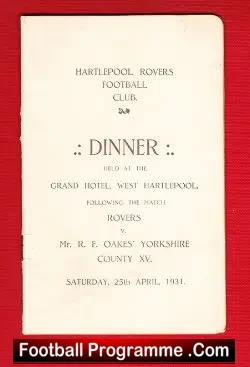 Hartlepool Rovers Dinner Menu 1931 – Old Rare Memorabilia