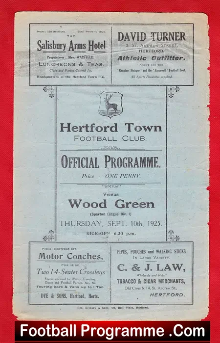 Hertford Town v Wood Green 1925 – Old 1920s Football Programme