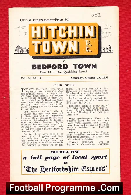 Hitchin Town v Bedford Town 1952