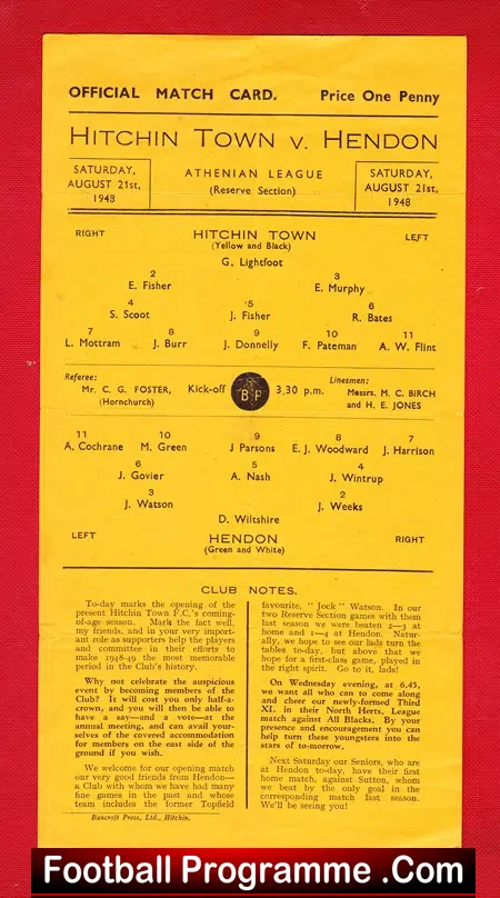 Hitchin Town v Hendon 1948 – 1940s Football Programme