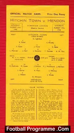 Hitchin Town v Hendon 1948 – 1940s Football Programme