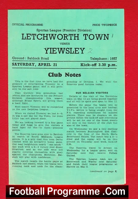 Letchworth Town v Yiewsley 1946 – 1940s Football Programme