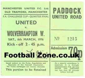 Manchester United v Wolves 1976 – FA Cup Quarter Final Ticket