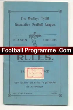 Merthyr Tydfil Football Laws Rules Book 1933 – 1934