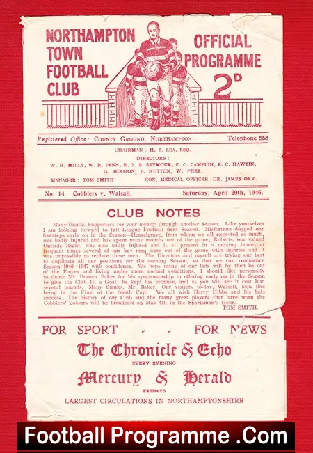 Northampton Town v Walsall 1946 – 1940s Football Programme