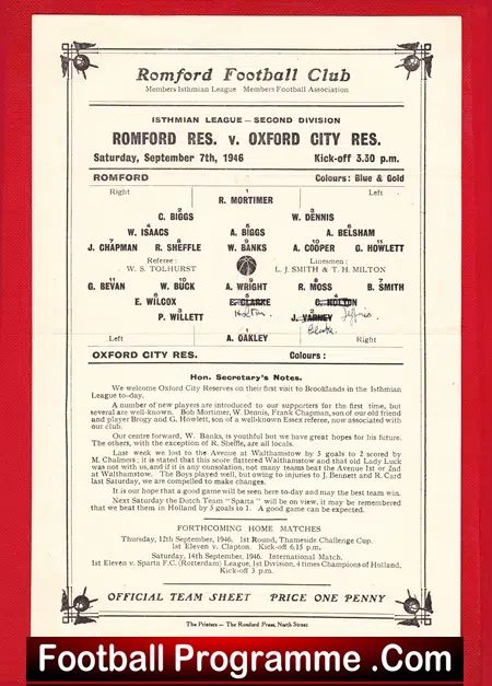 Romford v Oxford City 1946 – Reserves Isthmian League