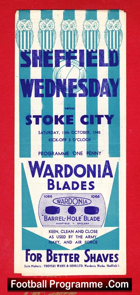 Sheffield Wednesday v Stoke City 1945 – 1940s Football Programme
