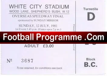 Speedway Ticket Stub Overseas Final 1981