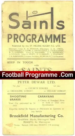 St Helens Rugby v Wigan 1948 - rugby programme