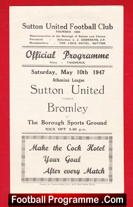 Sutton United v Bromley 1947 – 1940s Programme
