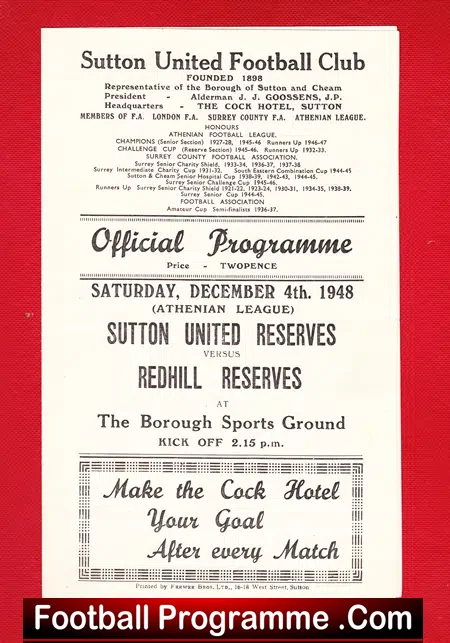 Sutton United v Redhill 1948 – Reserves match 1940s