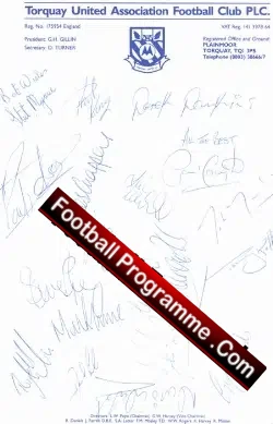 Torquay United Autographed Club Letterhead 1992