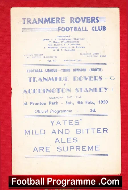 Tranmere Rovers v Accringon Stanley 1950
