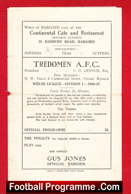 Tredomen v Tynte 1946 – Welsh pêl-droed Wales Cymru
