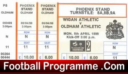 Wigan Athletic v Oldham Athletic 1999 – Football Ticket Unused
