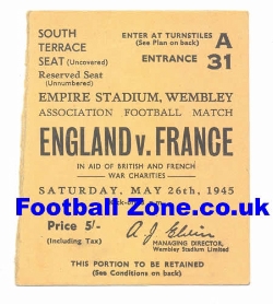 England v France 1945 - Old Football Ticket 1940's