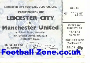 Leicester City v Manchester United 1972 - Football Ticket