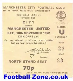 Manchester City v Manchester United 1972 – Football Ticket