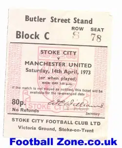 Stoke City v Manchester United 1973 - Ticket