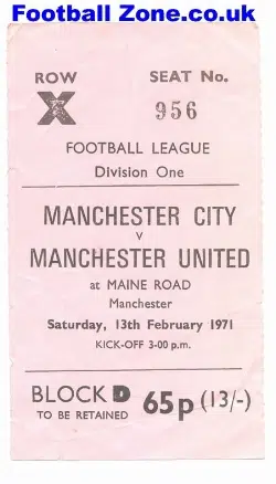 Manchester City v Manchester United 1971 - Ticket