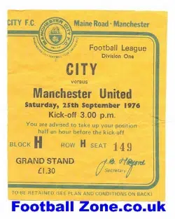 Manchester City v Manchester United 1976 - Football Ticket